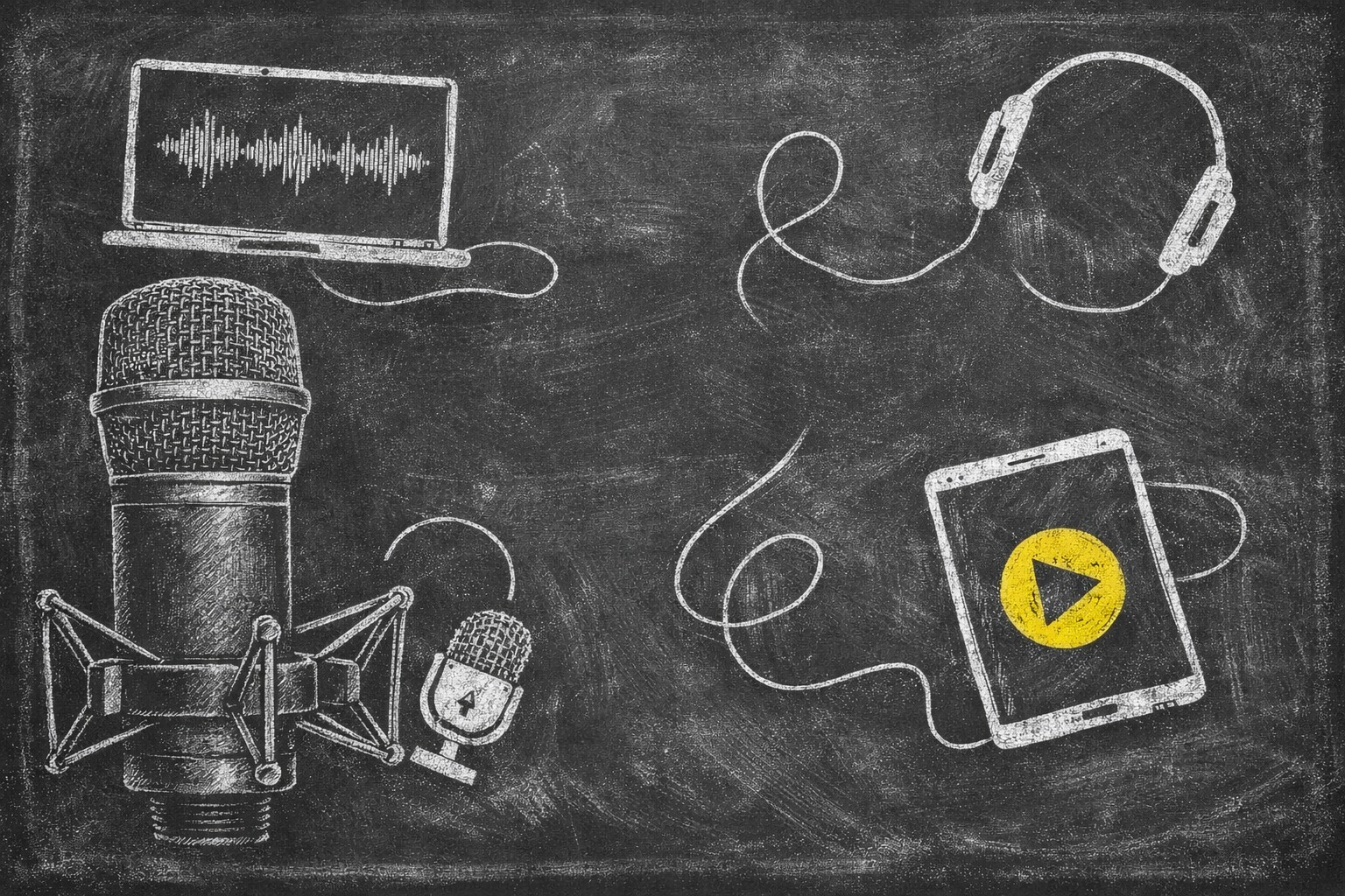 Micrófono, audífonos y elementos de producción del podcast FEROZ